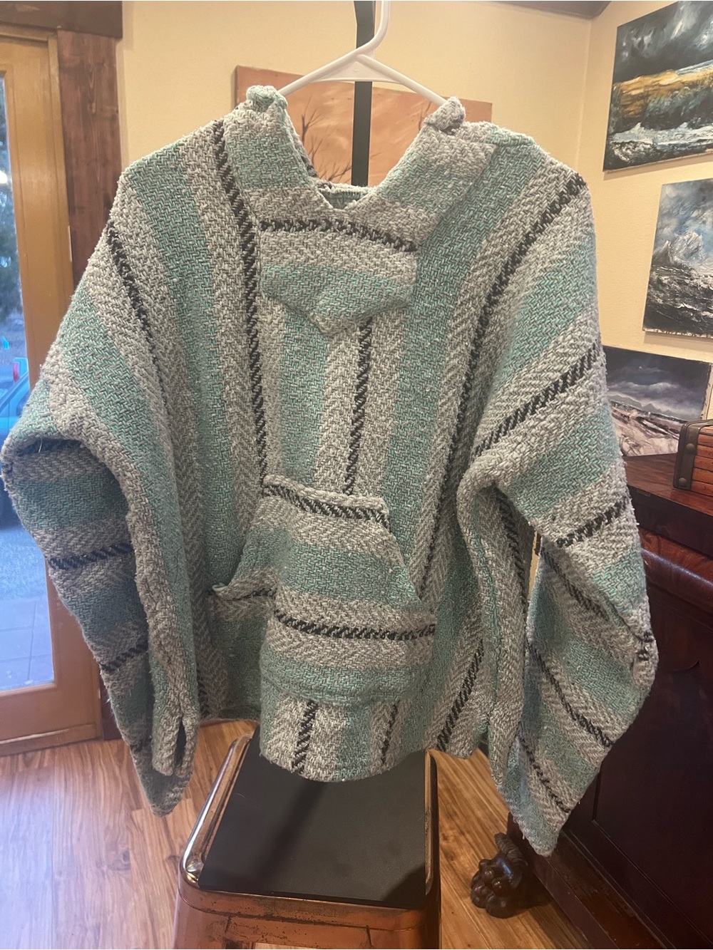 Men's Baja Joe Poncho in Mint and Gray Stripe